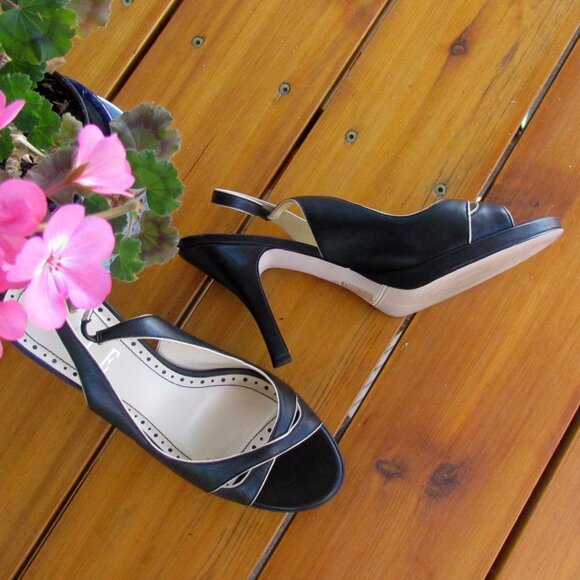 ELLE SHOES, 9, BLACK SLINGBACK PLATFORM HEELS w DAINTY TAN TRIM CLASSIC & LOVELY - Picture 6 of 8